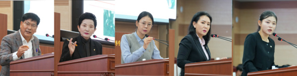 아산시의회는 제262회 임시회가 개회된 가운데, 22일 제2차 본회의에서 의원들이 아산시 주요 현안에 대한 시정질의를 시작했다고 밝혔다(사진 왼쪽부터 전남수 의원, 이기애 의원, 김미영 의원, 신미진 의원, 김미성 의원). / 아산시의회 제공