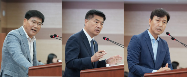 아산시의회는 제262회 임시회가 진행 중인 가운데, 24일 제4차 본회의에서 전남수·맹의석·명노봉 의원이 아산시 주요 현안에 대한 시정질의를 3일째 이어갔다고 밝혔다. / 아산시의회 제공