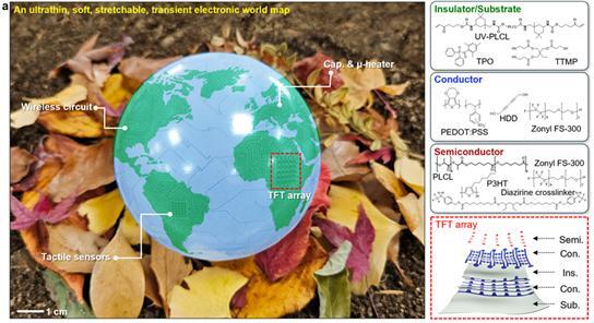 (왼쪽) 초박막형, 유연 및 신축성 시한성 전자시스템으로 구성된 세계지도 이미지(오른쪽) 용액공정 및 광경화 가능한 전자재료의 구성 성분과 박막 트랜지스터의 개략도