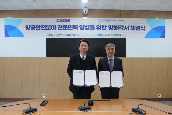 (사진 왼쪽부터) 이충섭 한국민간항공조종사협회장과 최기영 인하대 항공우주방산전문대학원장이 항공안전 분야 전문인력 양성을 위한 업무협약 기념사진을 촬영하고 있다.