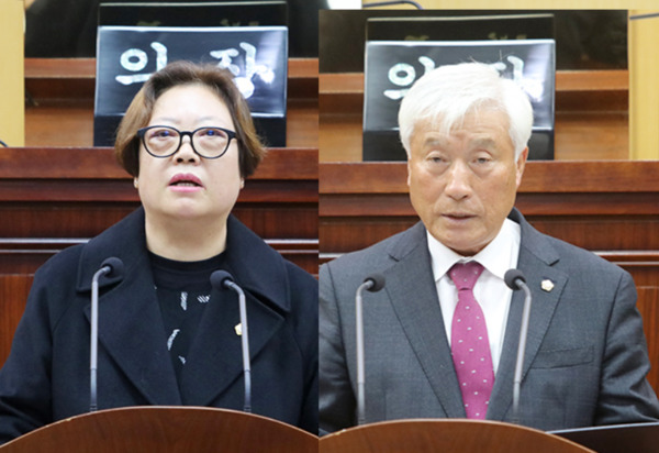 서산시의회는 25일 제310회 제2차 정례회를 개회하고, 오는 12월 17일까지 23일간 2025년 마지막 회기운영에 돌입한 가운데, 가선숙 의원과 안동석 의원이 5분 자유발언을 진행하고 있다(사진 왼쪽부터 가선숙 의원, 안동석 의원). / 서산시의회 제공